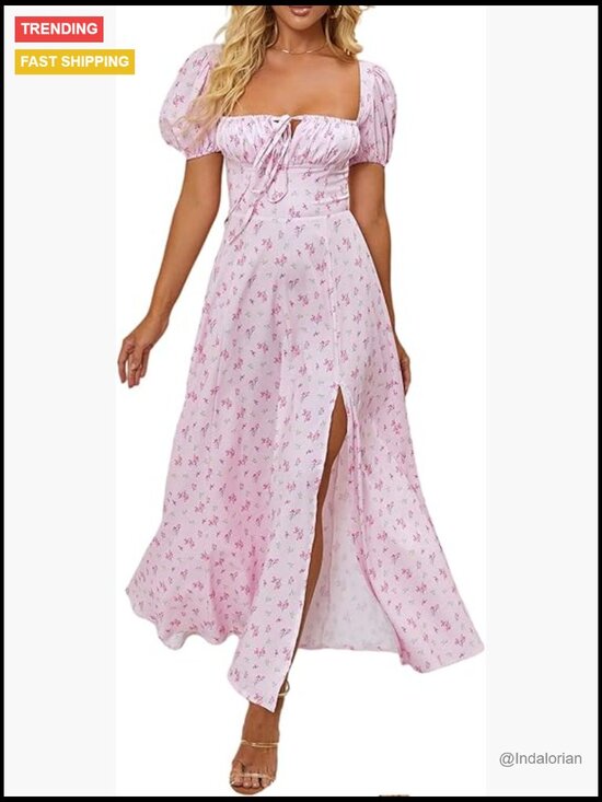 Dresses & Skirts - Puff Sleeve Floral Maxi Dress with Lace, Backless, High Slit